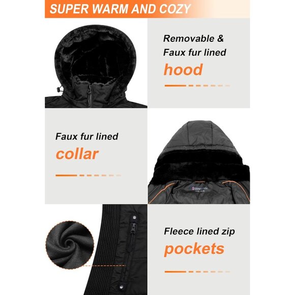 🆕 Women Black Long Fur Collar Hooded Winter Parka Puffy Coat Warm Bubble Jacket - Picture 5 of 7